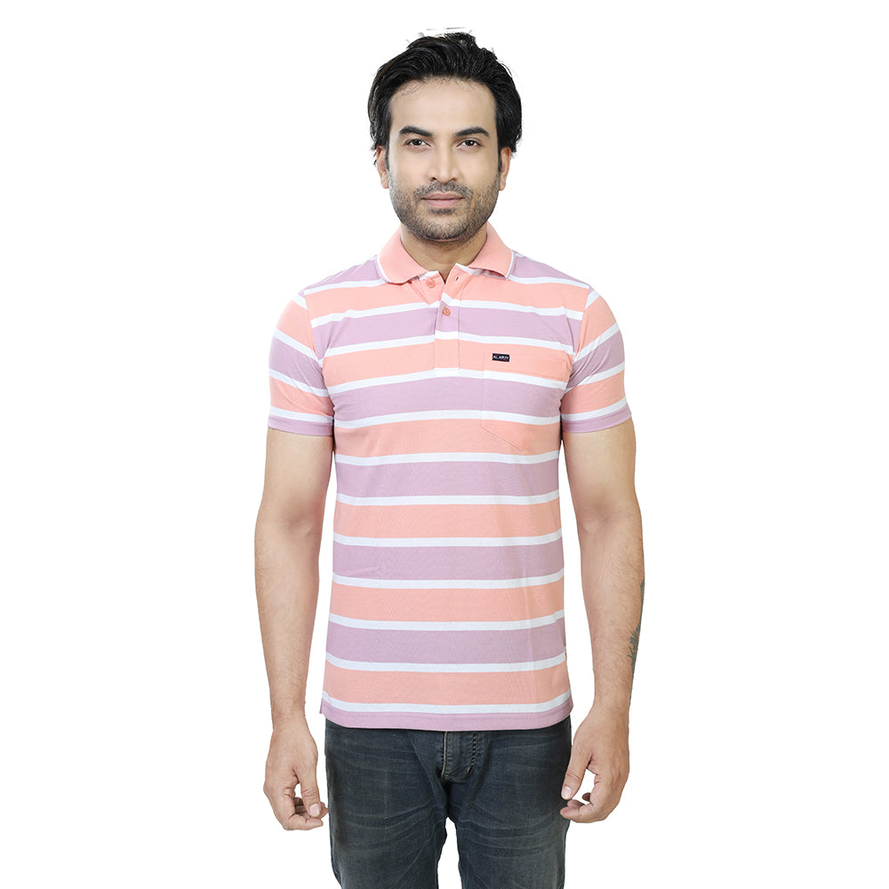 Men's Stripe Polo Half Sleeve T-Shirt Peach and Lavender