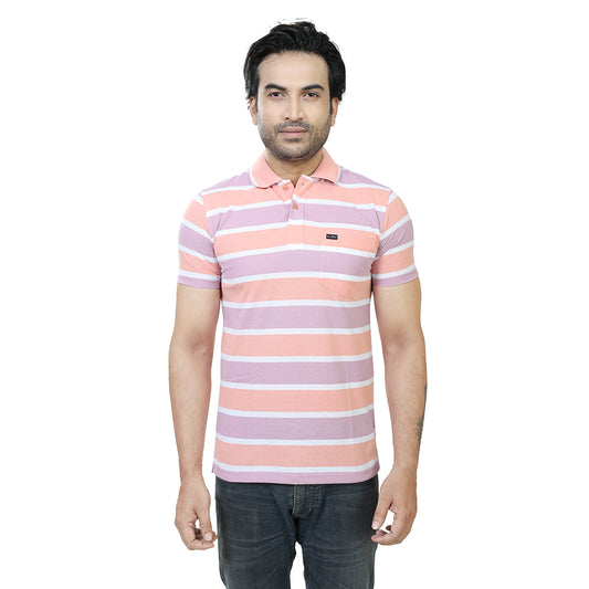 Men's Stripe Polo Half Sleeve T-Shirt Peach and Lavender