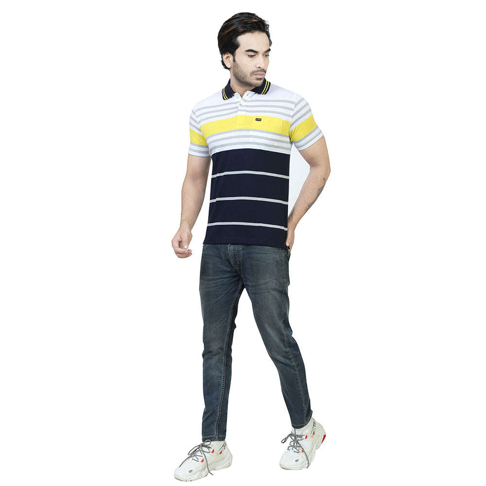 Men's Stripe Polo Half Sleeve T-Shirt Yellow and Grey