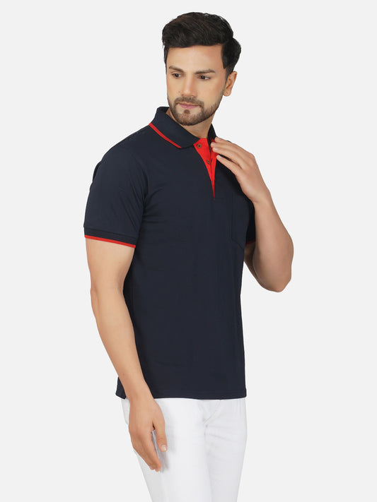 Men's Polo Half Sleeve Design T-Shirt Navy Blue and Red