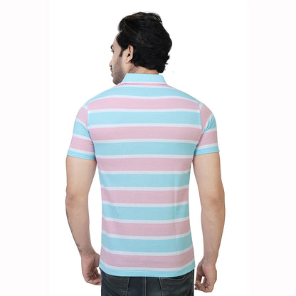 Men's Stripe Polo Half T-Shirt Pink and Blue