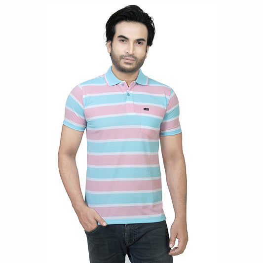 Men's Stripe Polo Half T-Shirt Pink and Blue