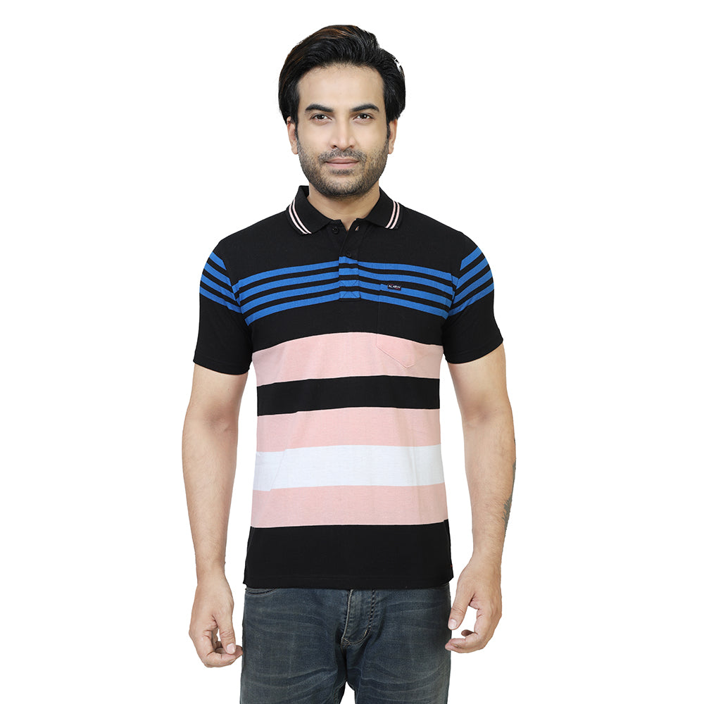 Men's Stripe Polo Half T-Shirt Blue and Peach