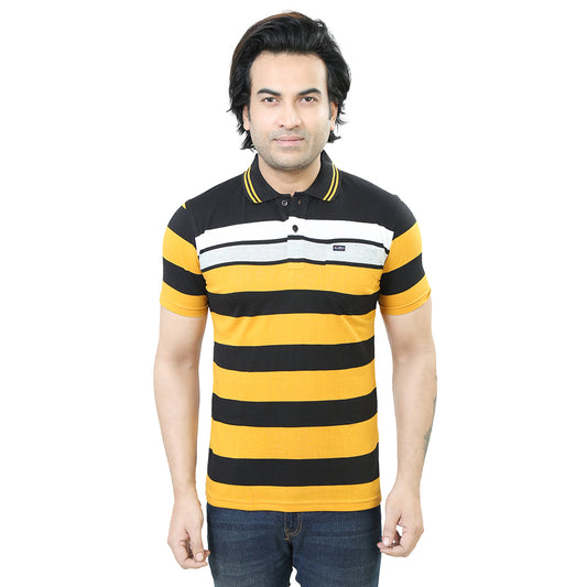 Men's Stripe Polo Half Sleeve T-Shirt Yellow and White