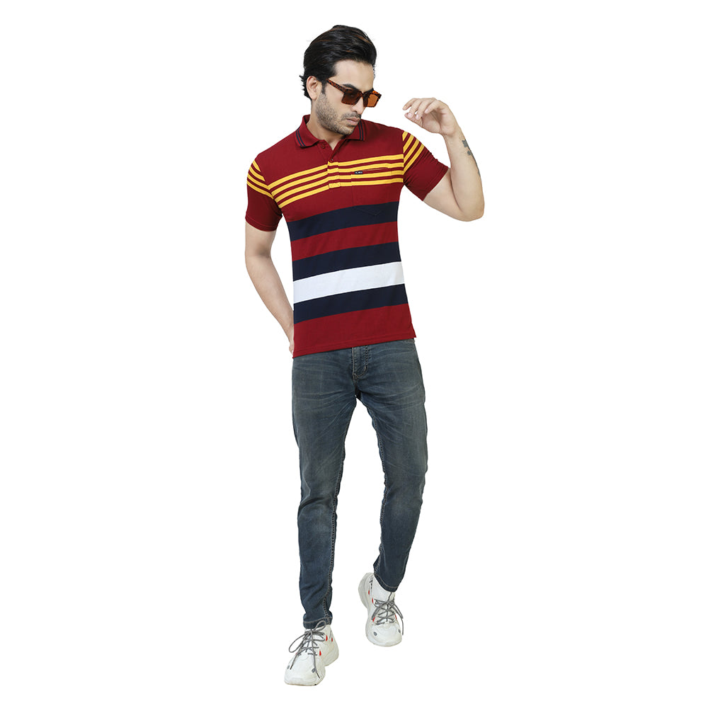 Men's Stripe Polo Half Sleeve T-Shirt Yellow and Blue