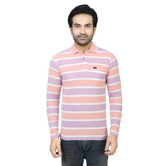 Men's Stripe Polo Full Sleeve T-Shirt Peach and Lavender