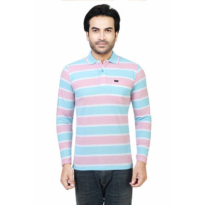 Men's Stripe Polo Full Sleeve T-Shirt Sky Blue and Pink