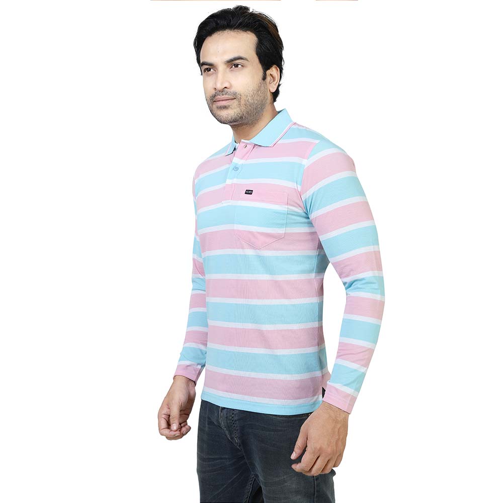 Men's Stripe Polo Full Sleeve T-Shirt Sky Blue and Pink