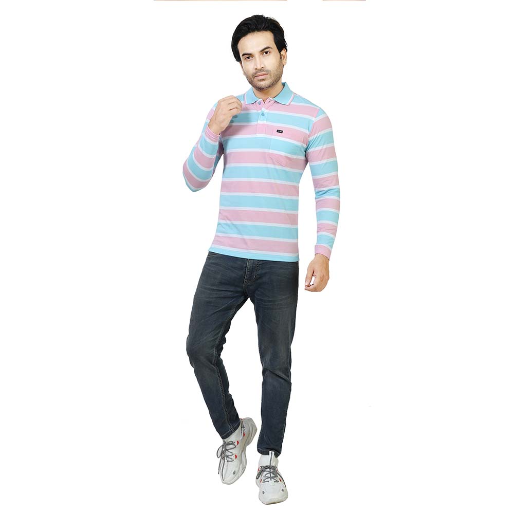 Men's Stripe Polo Full Sleeve T-Shirt Sky Blue and Pink