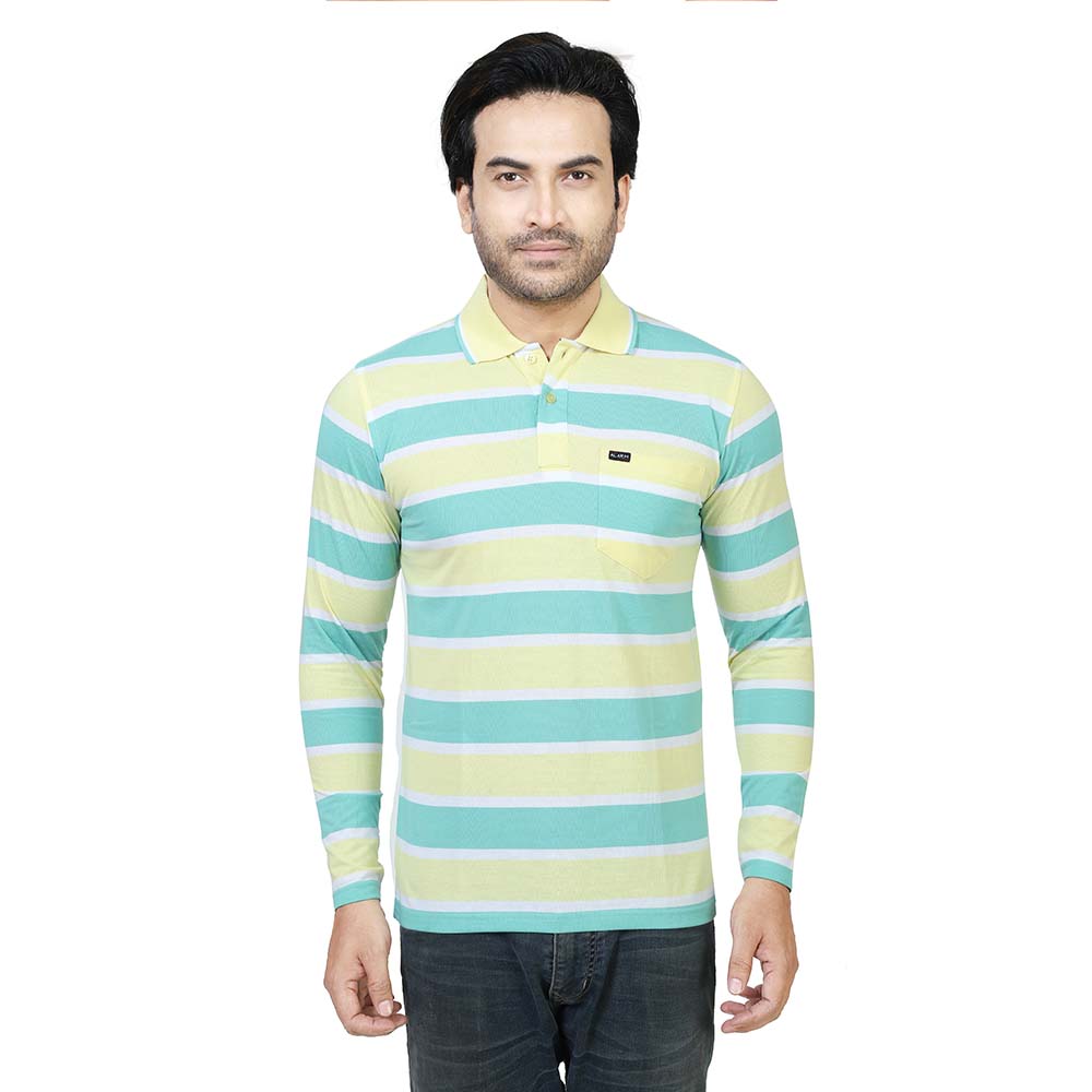 Men's Stripe Polo Full Sleeve T-Shirt Green and Yellow