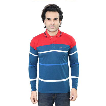 Men's Stripe Polo Full Sleeve T-Shirt Red and Blue