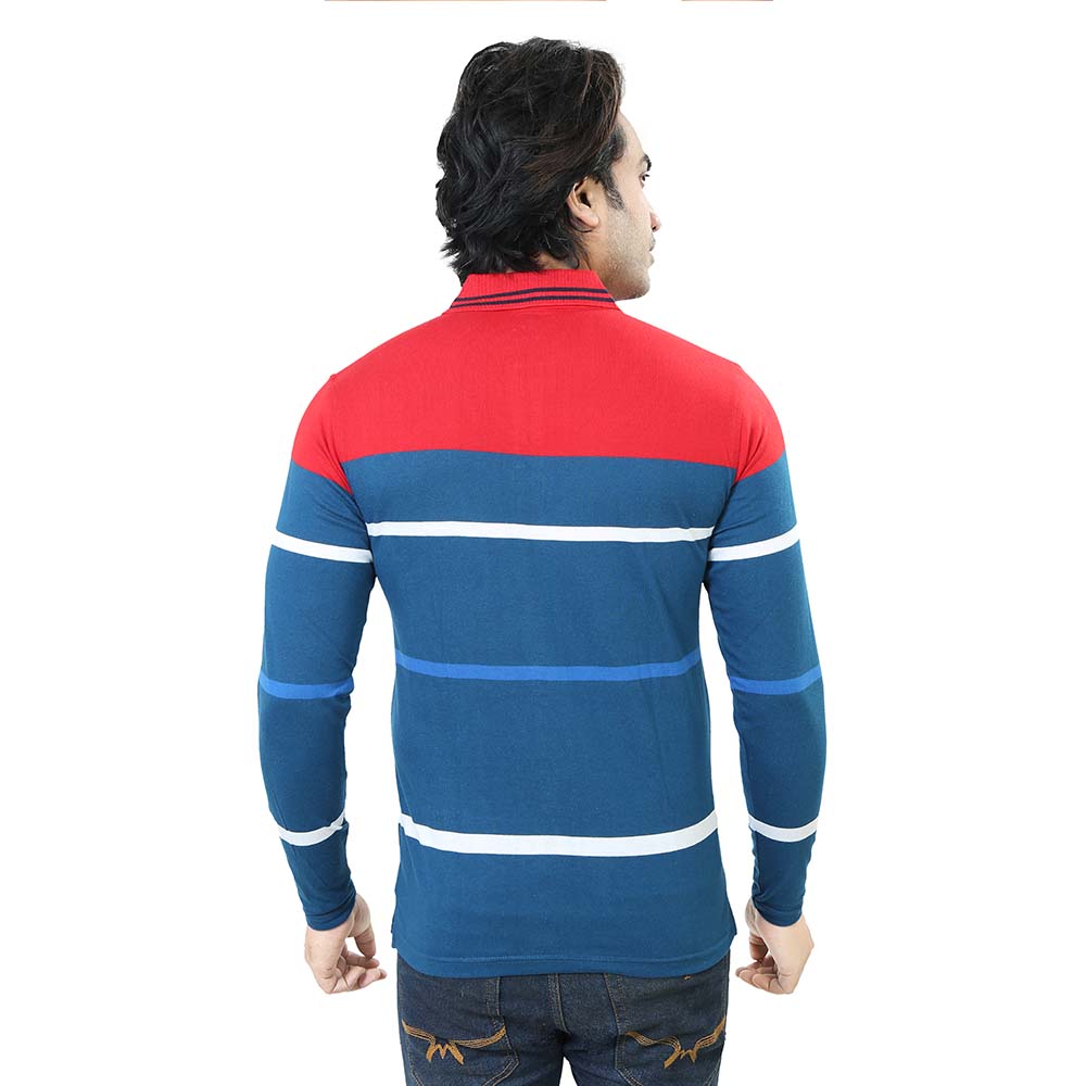 Men's Stripe Polo Full Sleeve T-Shirt Red and Blue