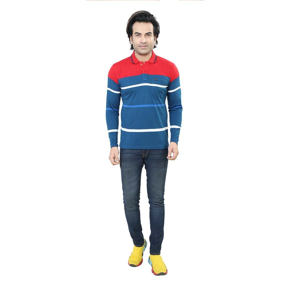 Men's Stripe Polo Full Sleeve T-Shirt Red and Blue