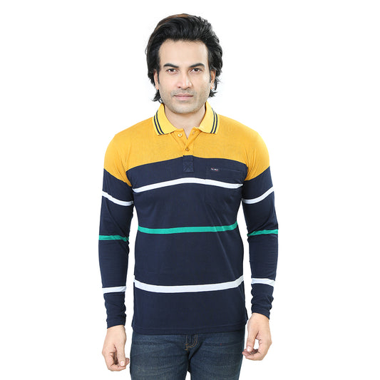 Men's Stripe Polo Full Sleeve T-Shirt Yellow and Navy Blue