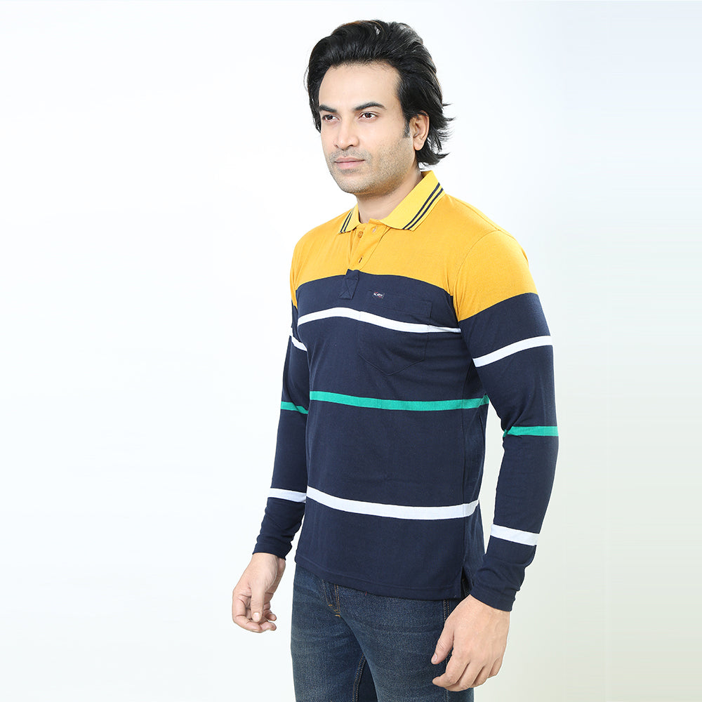 Men's Stripe Polo Full Sleeve T-Shirt Yellow and Navy Blue