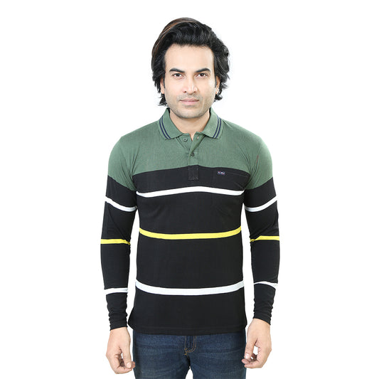 Men's Stripe Polo Full Sleeve T-Shirt Green and Black