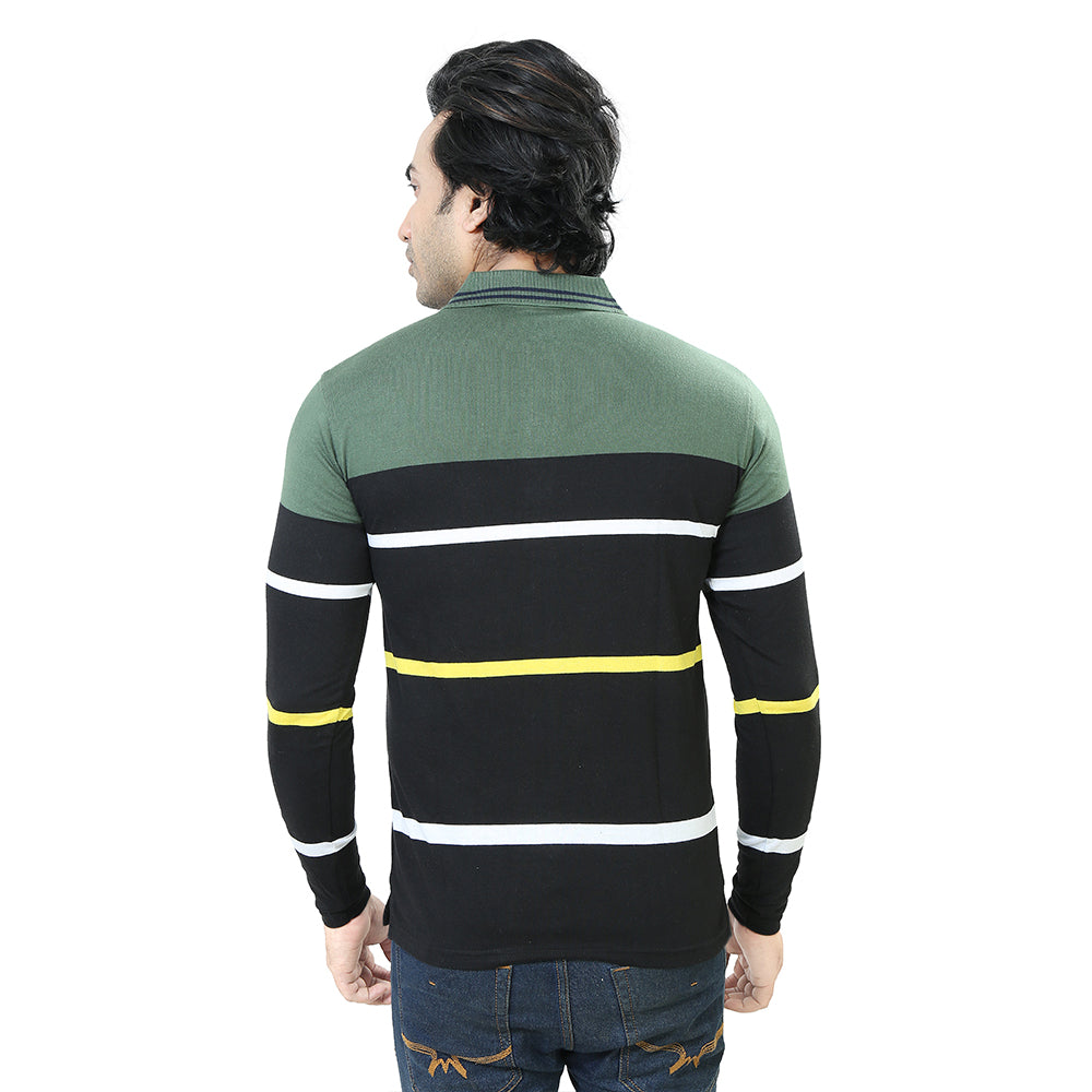 Men's Stripe Polo Full Sleeve T-Shirt Green and Black