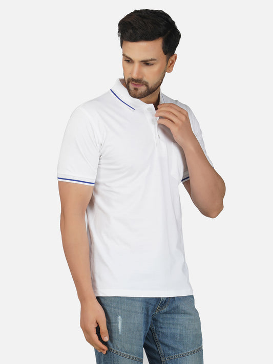 Men's Polo Half Sleeve Design T-Shirt White and Blue